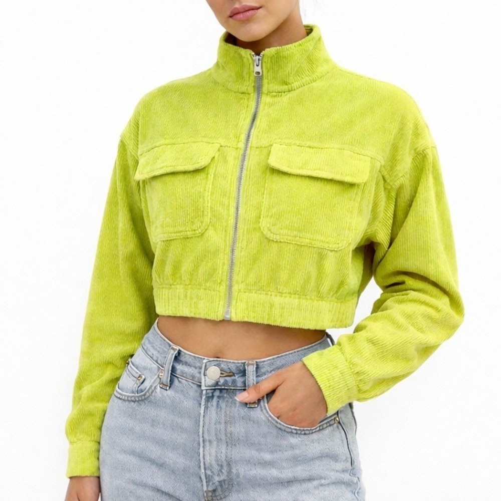 Aerie Corduroy Zip Up Cropped Jacket Lime Green Textured Jacket Size S P